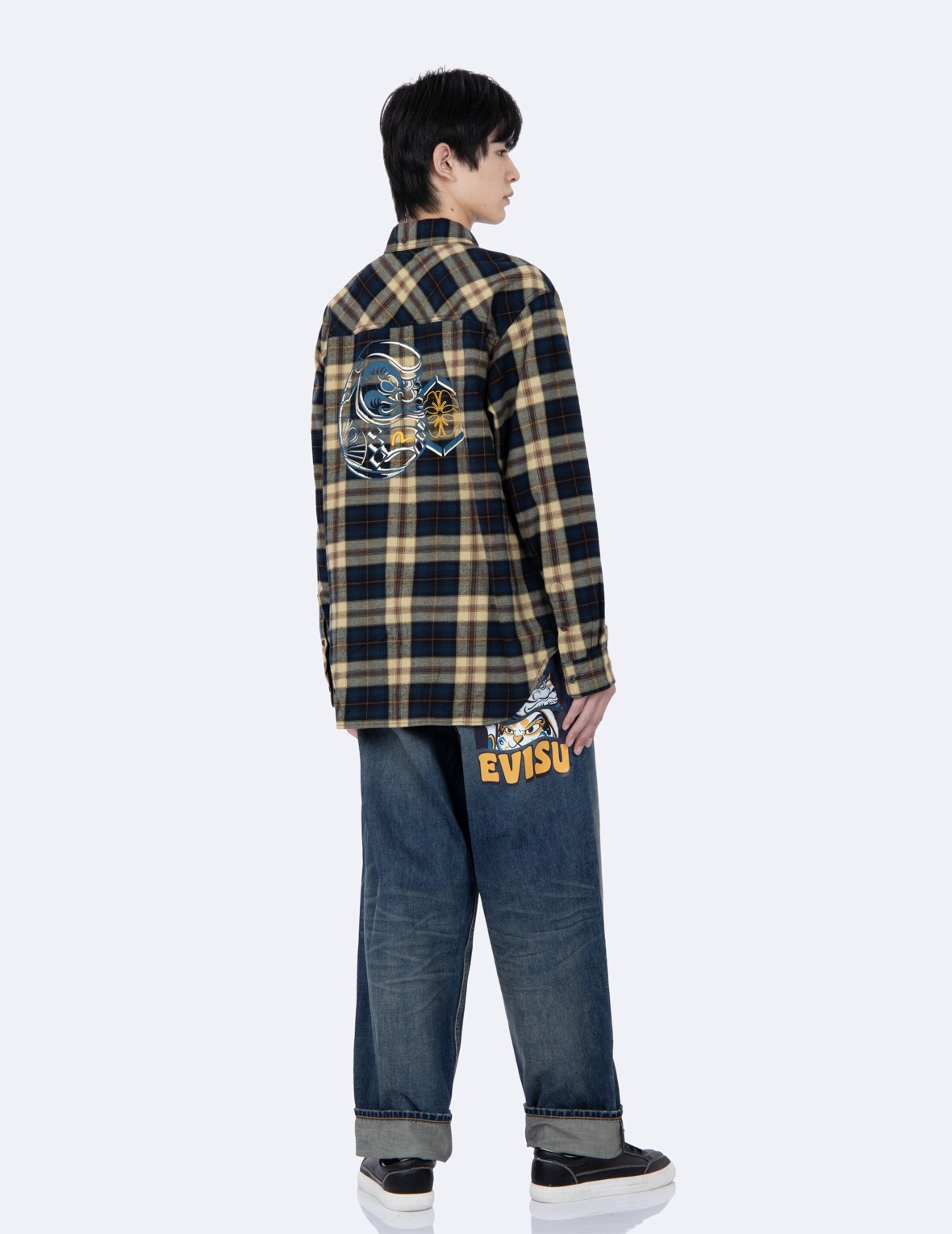 DARUMA AND KAMON PRINT CHECKED FLANNEL SHIRT - 4