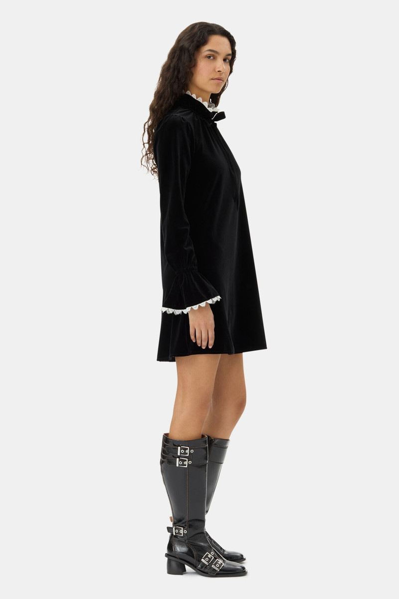 GANNI BLACK VELVET JERSEY A-LINE MINI DRESS - T4048