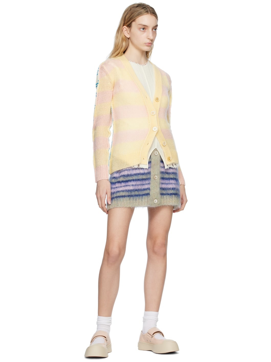 Yellow & Off-White Paneled Cardigan - 4