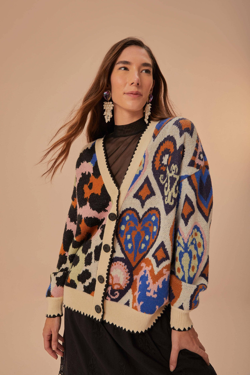 Mixed Ikat Hearts Knit Cardigan 1