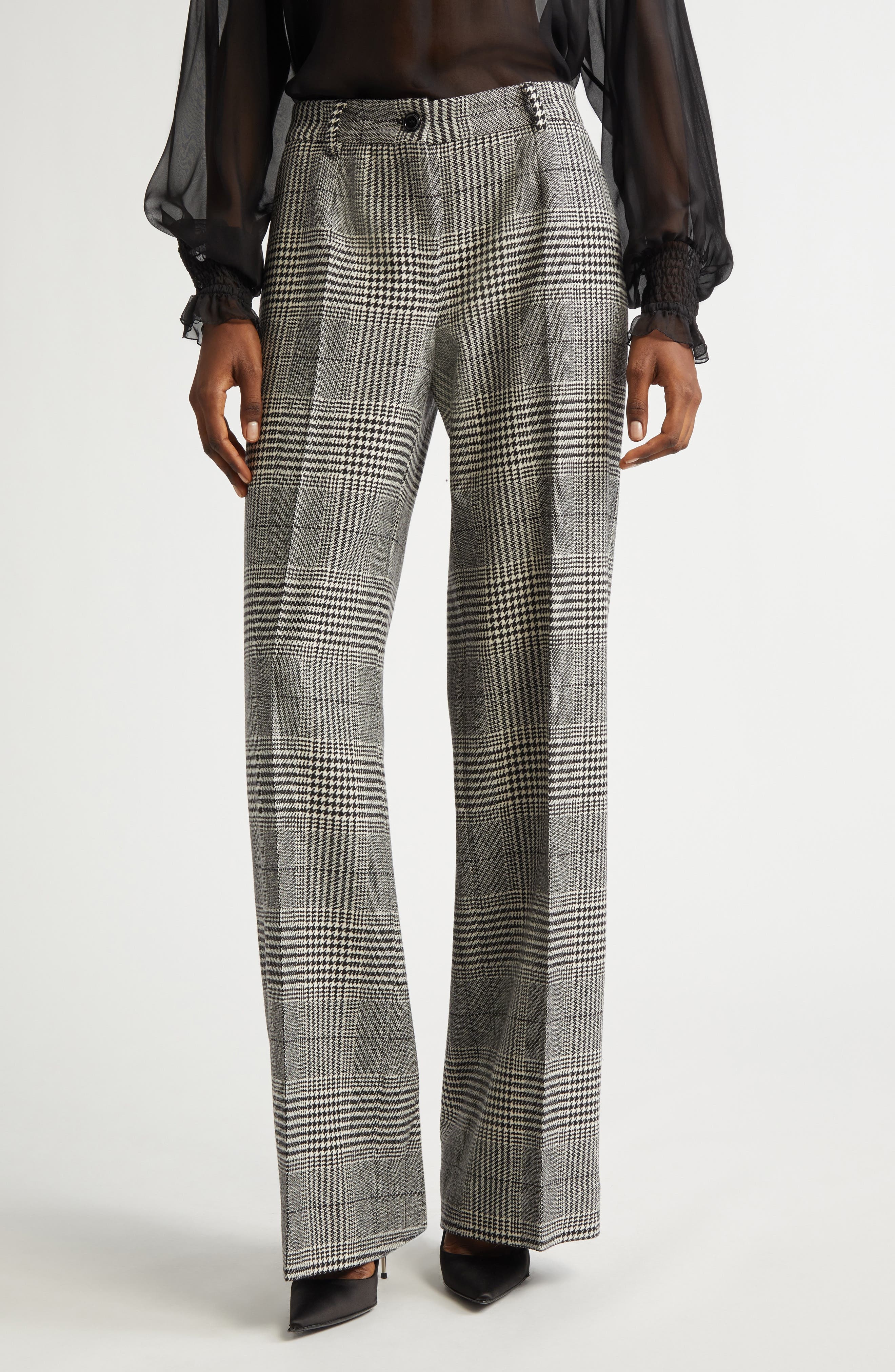 Dolce&Gabbana Houndstooth Check Wool & Cashmere Wide Leg Trousers in S8100 Quadri-Check-Tartan at No - 1