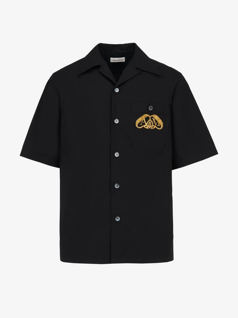 Men's Embroidered Hawaiian Shirt in Black - 1
