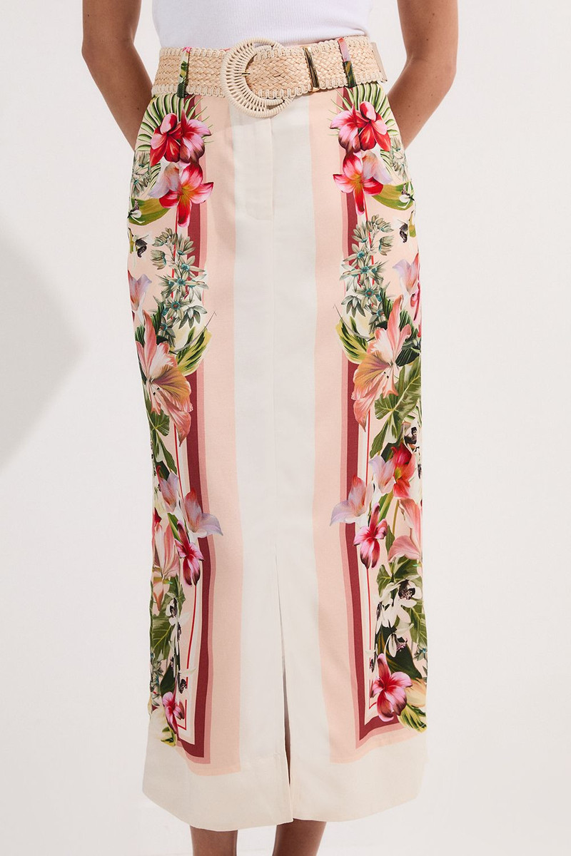 Mirrored Viscose Linen Floral Print With Raffia Belt Woven Midi Skirt 3
