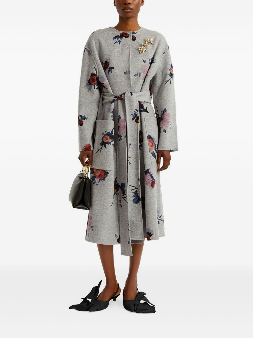 belted floral wool coat - 2