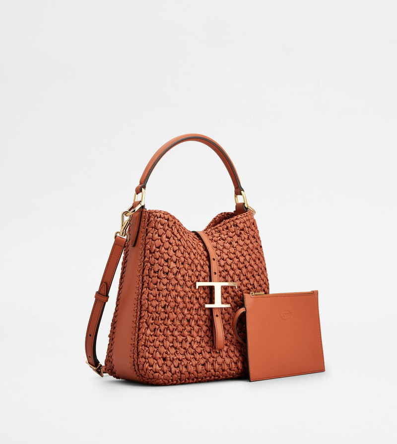 T TIMELESS BUCKET BAG IN RAFFIA AND LEATHER MINI - ORANGE 3