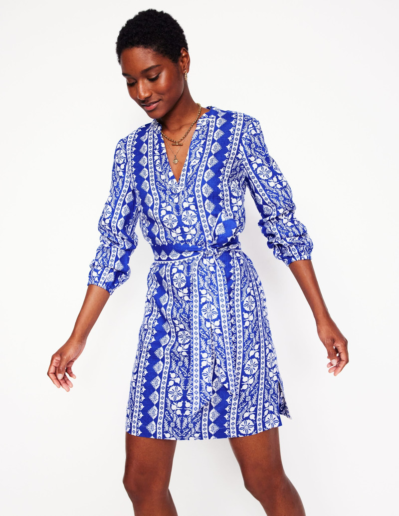 Cleo Linen Tie Waist Dress-Bright Blue, Ornate Border 6
