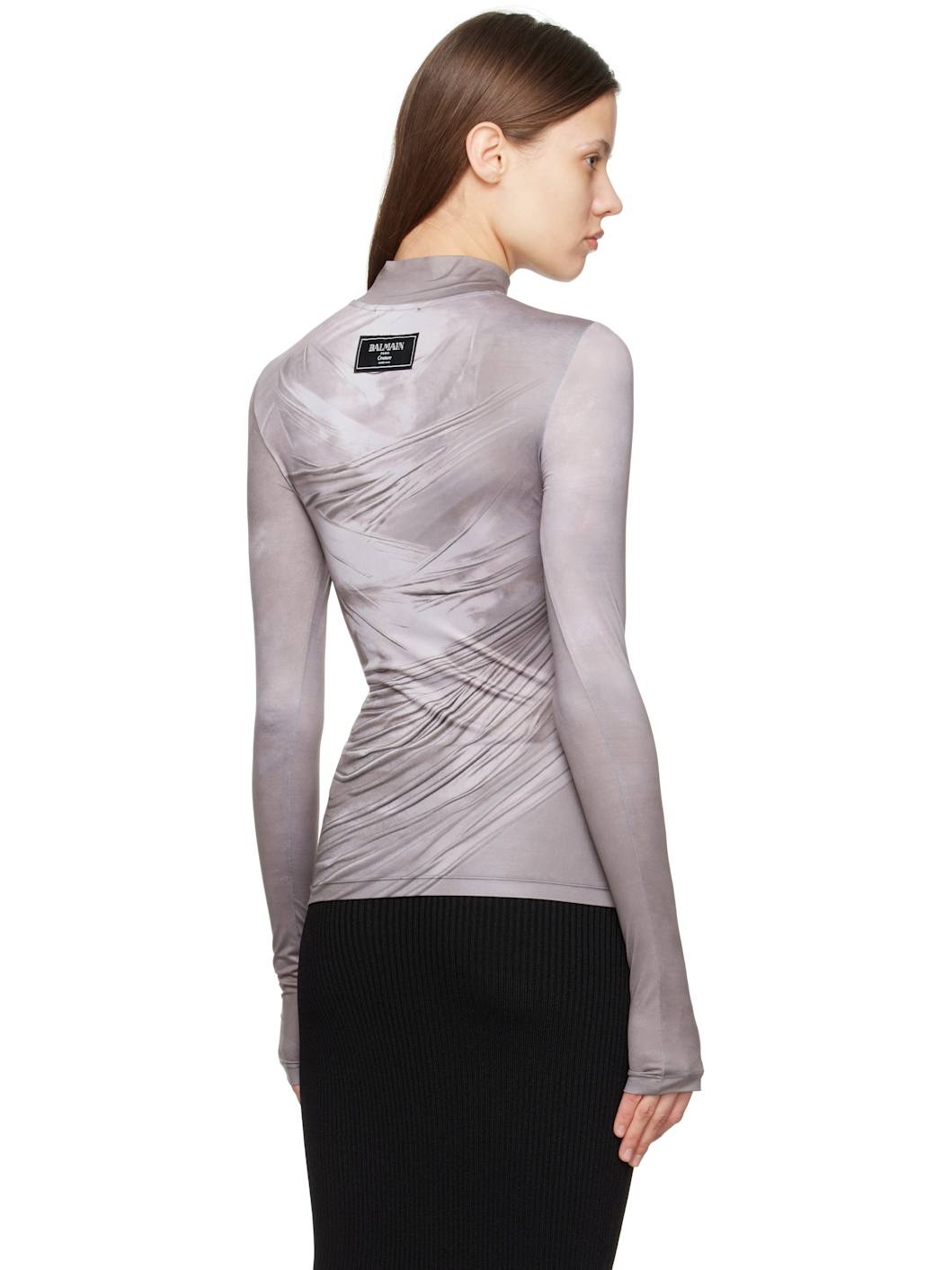 Gray Draped Print Trompe L'oeil T-shirt - 3