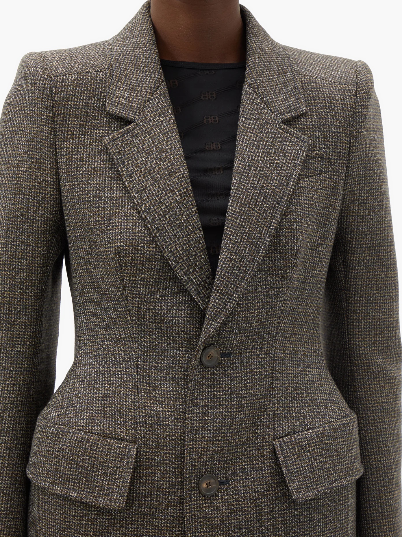 Hourglass-waist checked wool-tweed blazer - 4