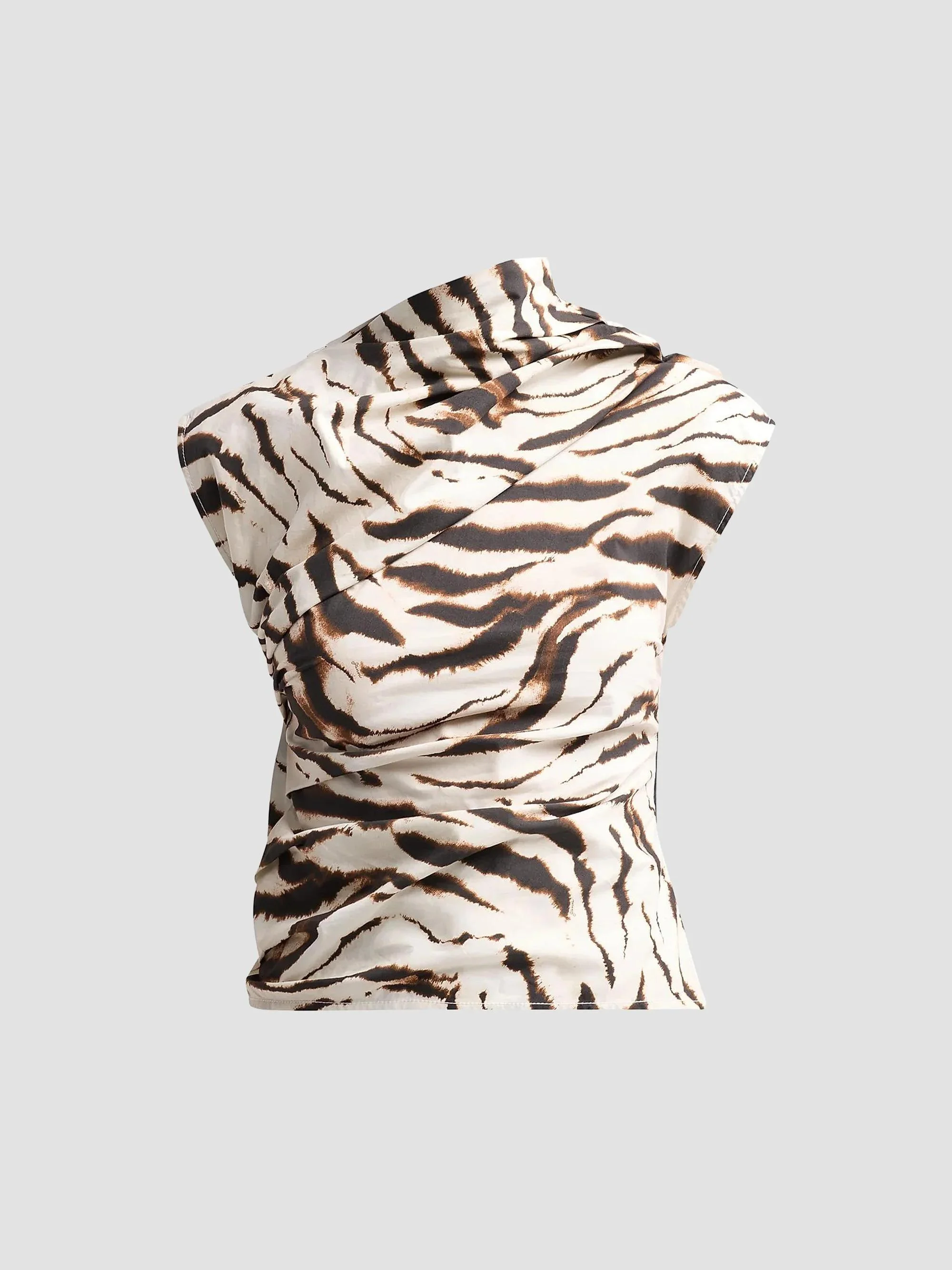 Women's Tiger Print Stretch Cotton Ruched Top - Egret - 1