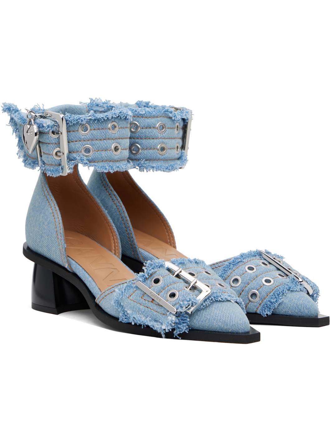 Blue Denim Feminine Buckle Open Cut Heels - 4