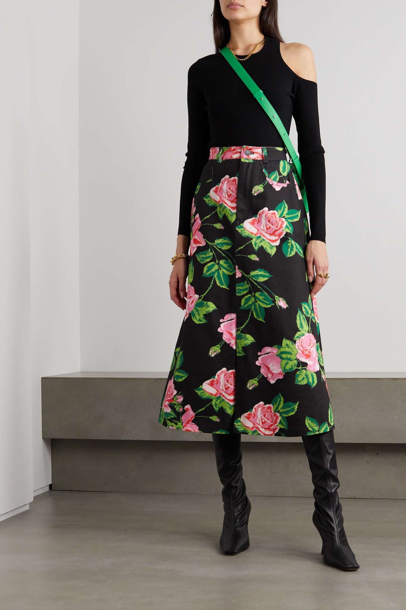 Floral-print denim midi skirt - 2