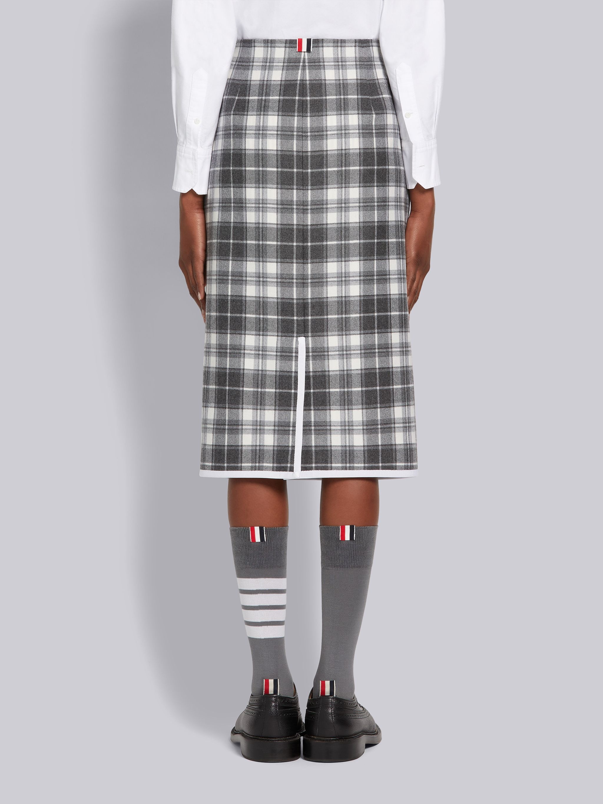 Medium Grey Tartan Check Wool Flannel Suiting Grosgrain Tipping Low-rise Knee-length Pencil Skirt - 3
