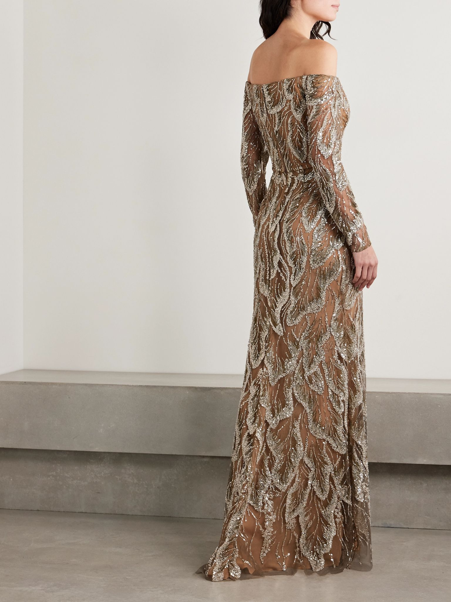 Off-the-shoulder embellished embroidered silk-blend tulle gown Beige - 3