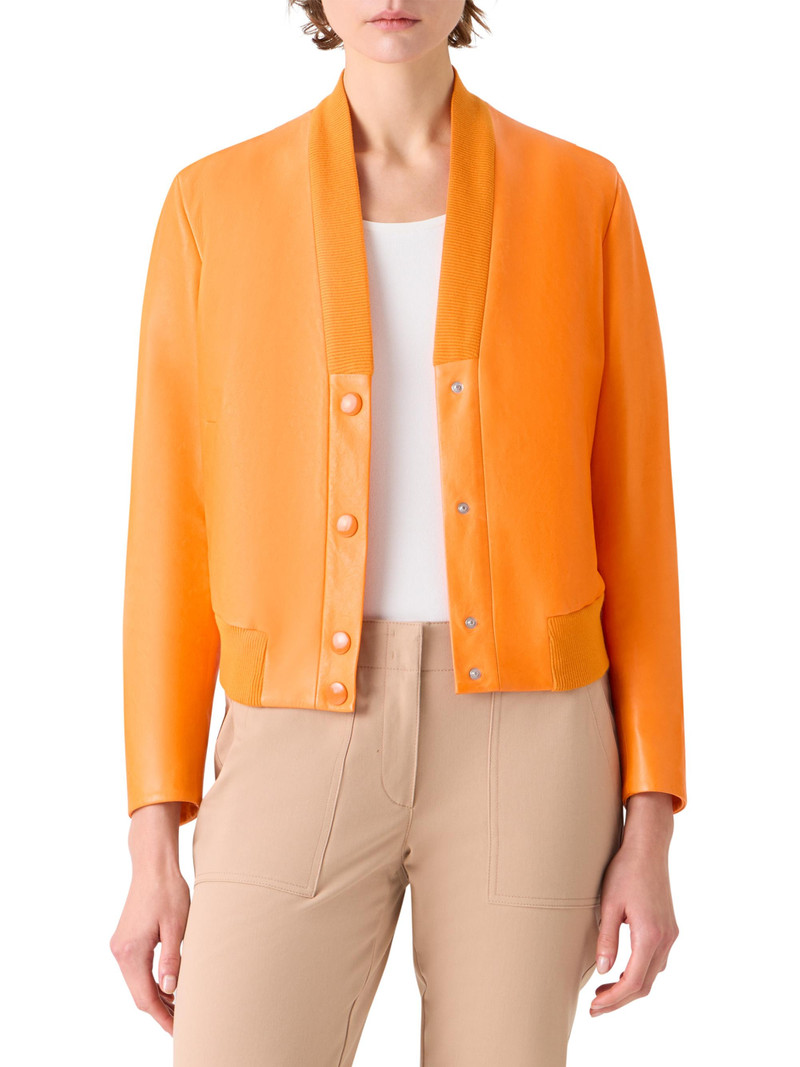Women's Crinkled Leather V-Neck Bomber Jacket - Orange 6