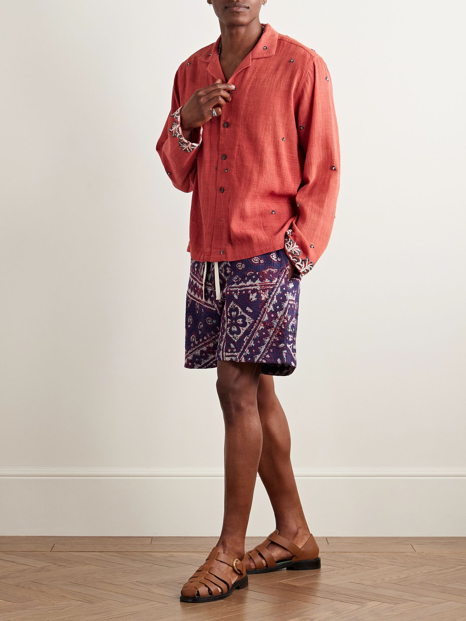 Straight-Leg Patchwork Printed Kantha Cotton Drawstring Shorts Blue - 2