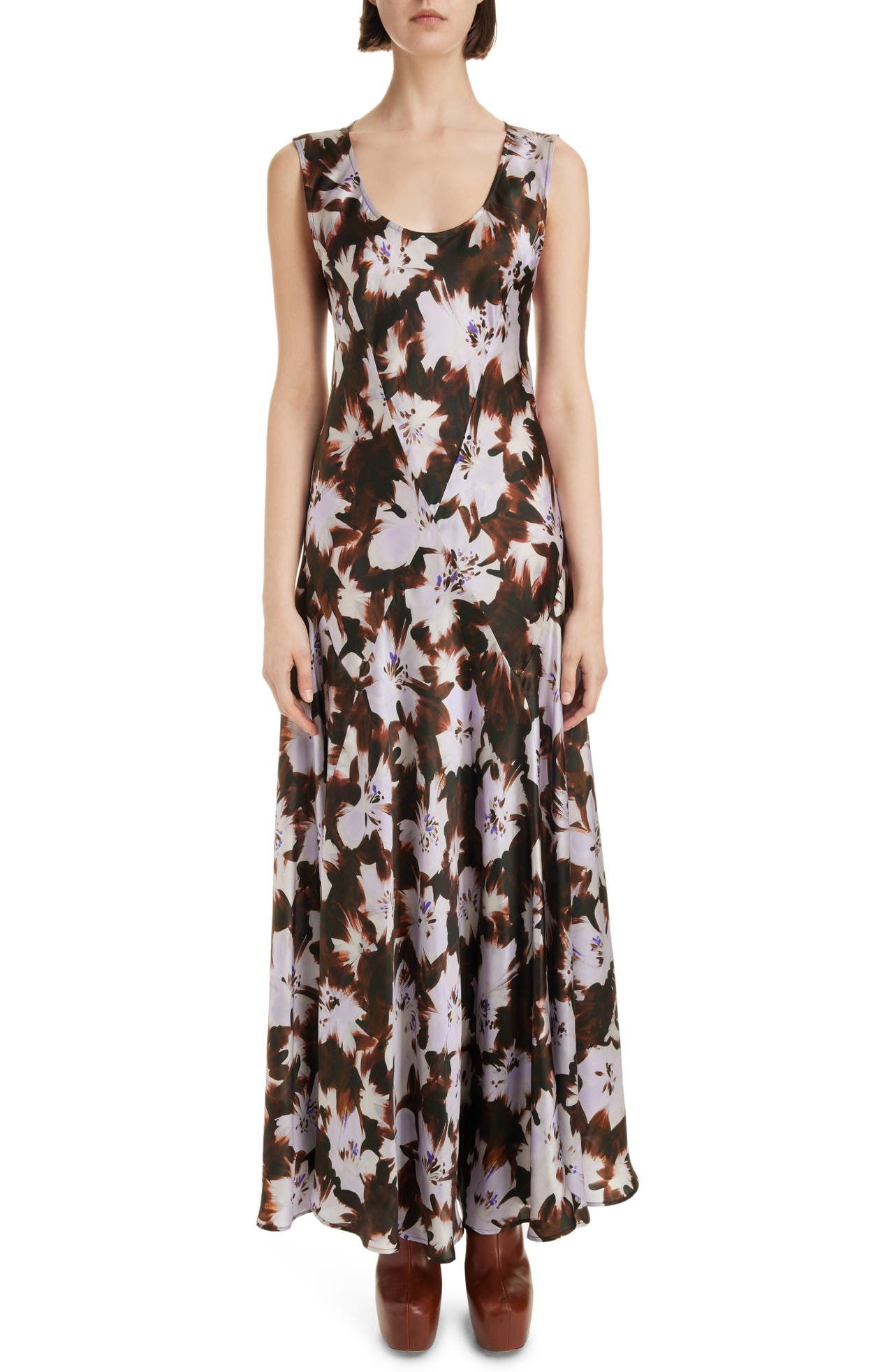 Dries Van Noten Deffi Pieced Floral Print Silk Crêpe de Chine Maxi Dress in Brown 703 at Nordstrom - 1