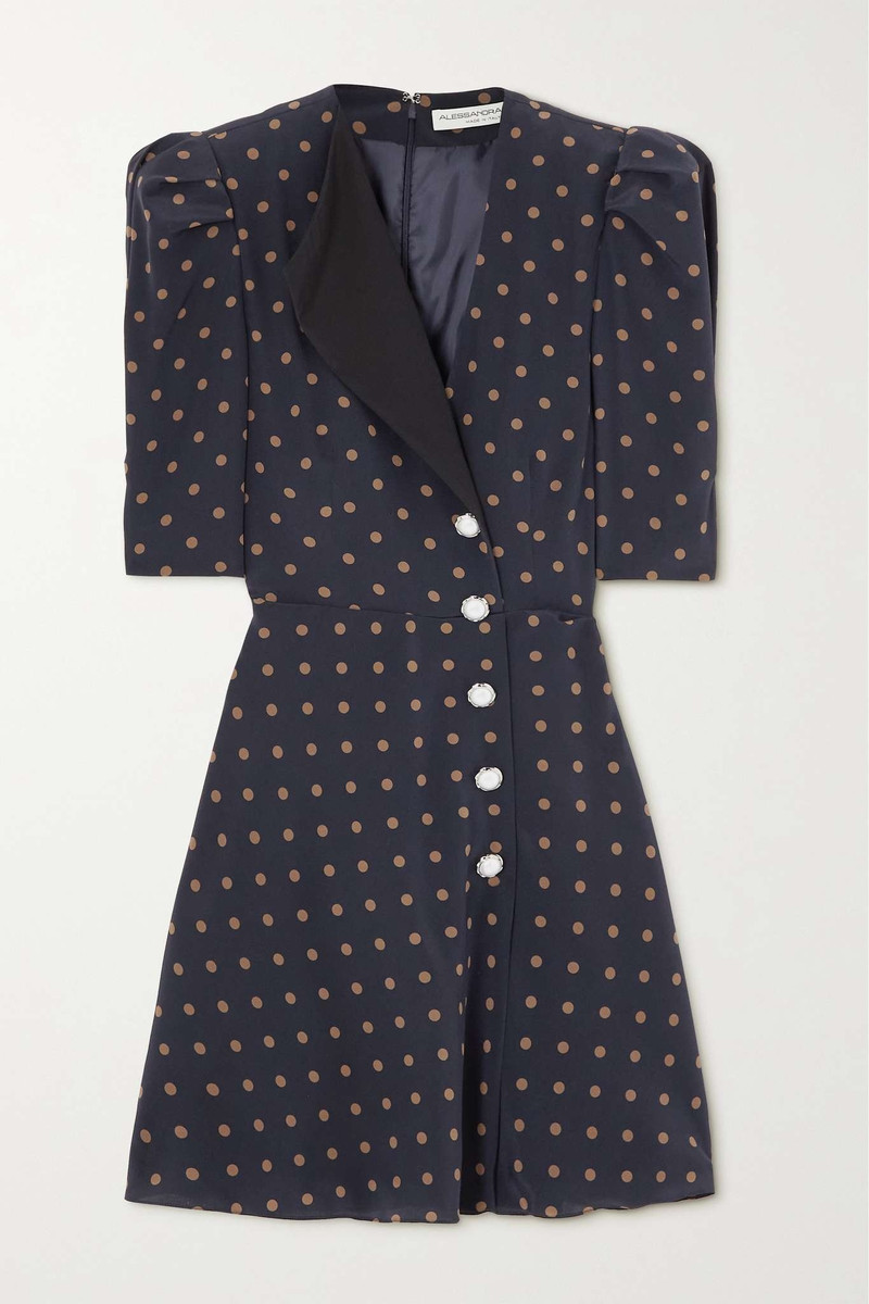 Asymmetric button-embellished polka-dot silk mini dress 1