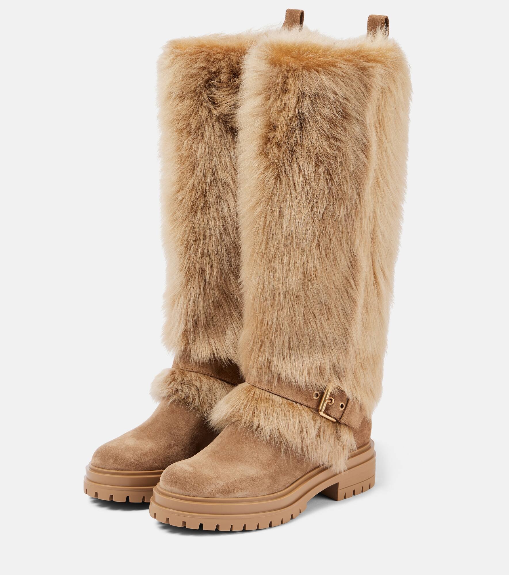 Shearling-trimmed suede knee-high boots - 4