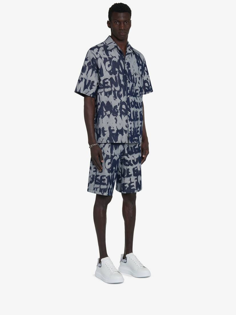 Men's McQueen Graffiti Hawaiian Denim Shirt in Indigo 4