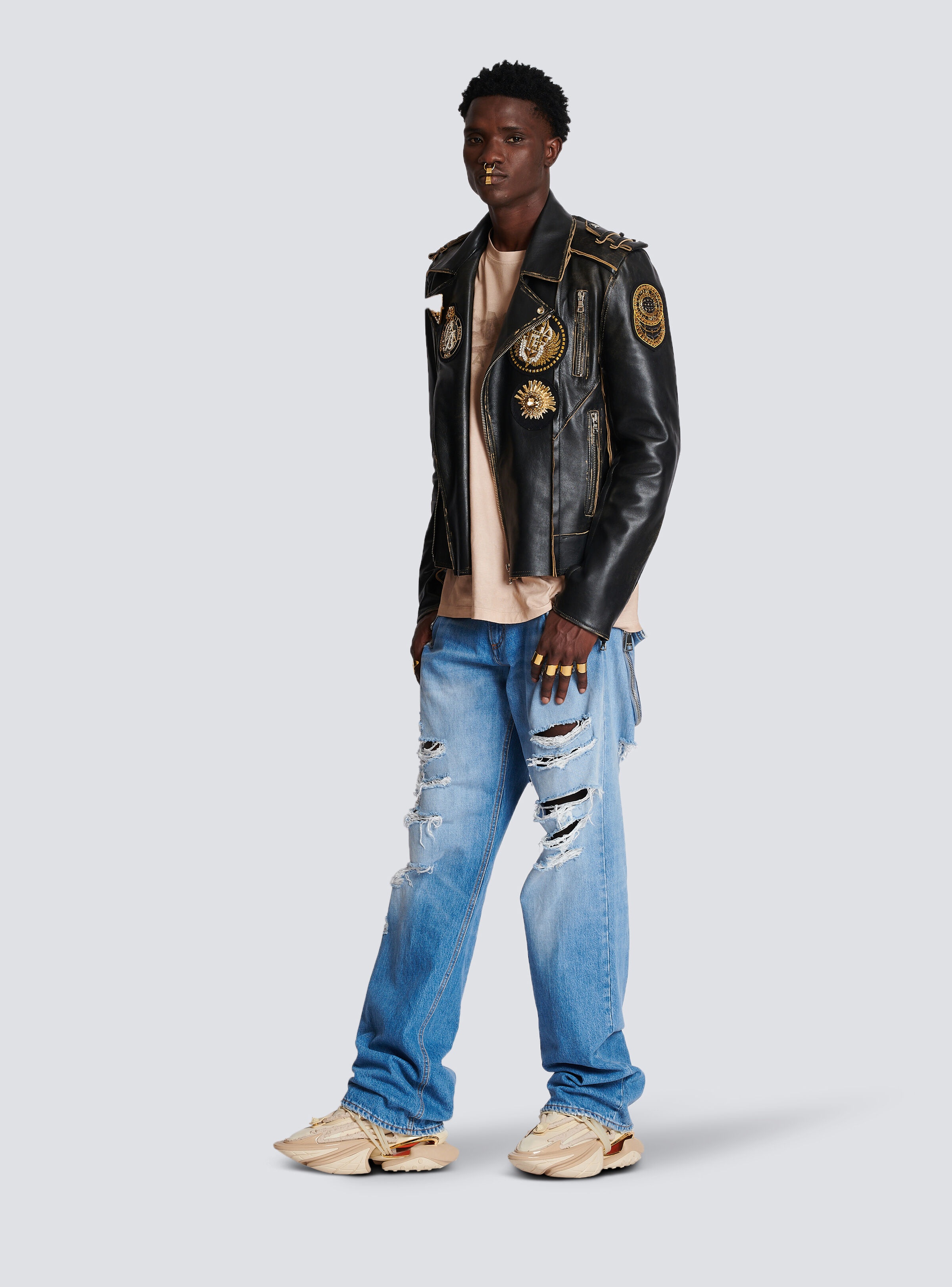Leather biker jacket with embroidered badges - 2