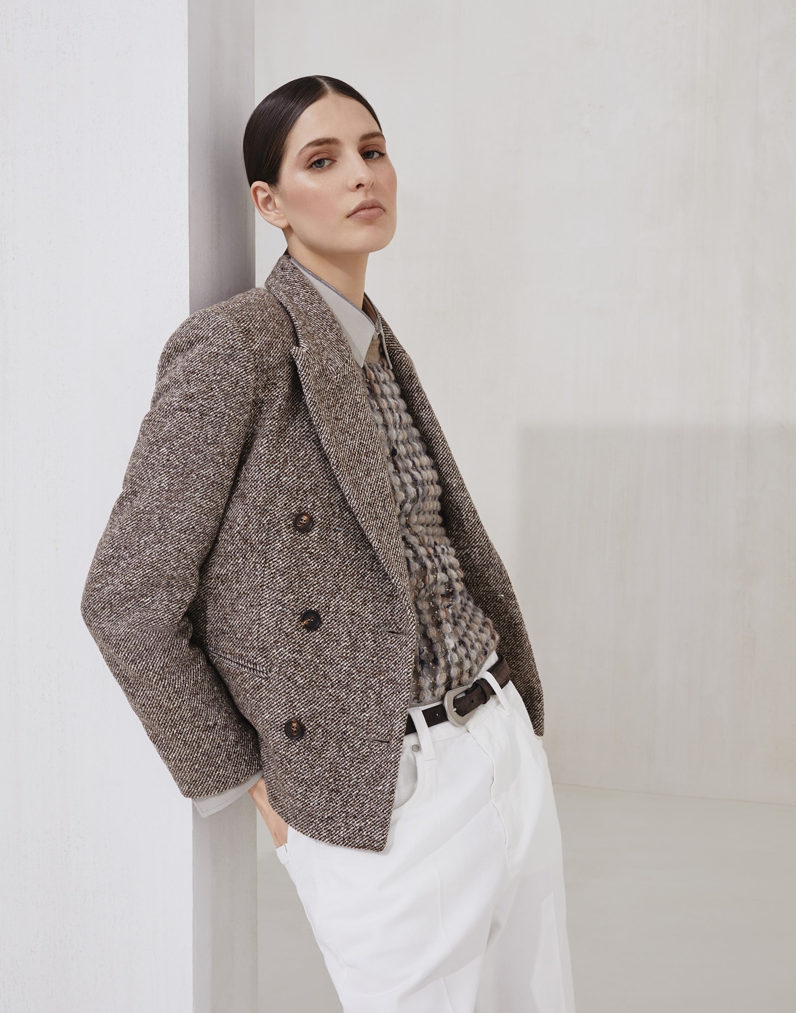 Virgin wool and silk mélange diagonal blazer with monili - 4