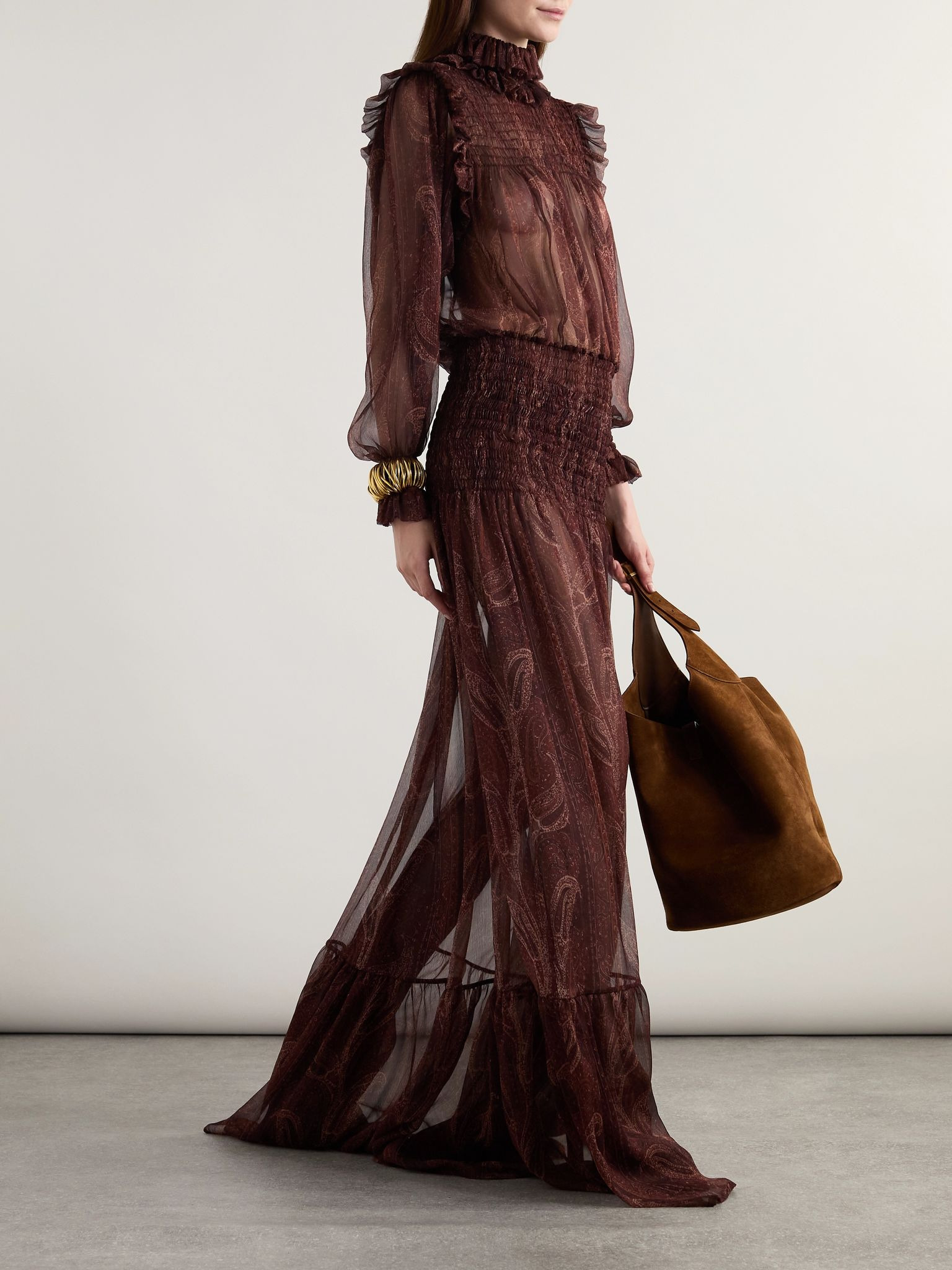 Shirred paisley-print silk-chiffon maxi dress Red - 2