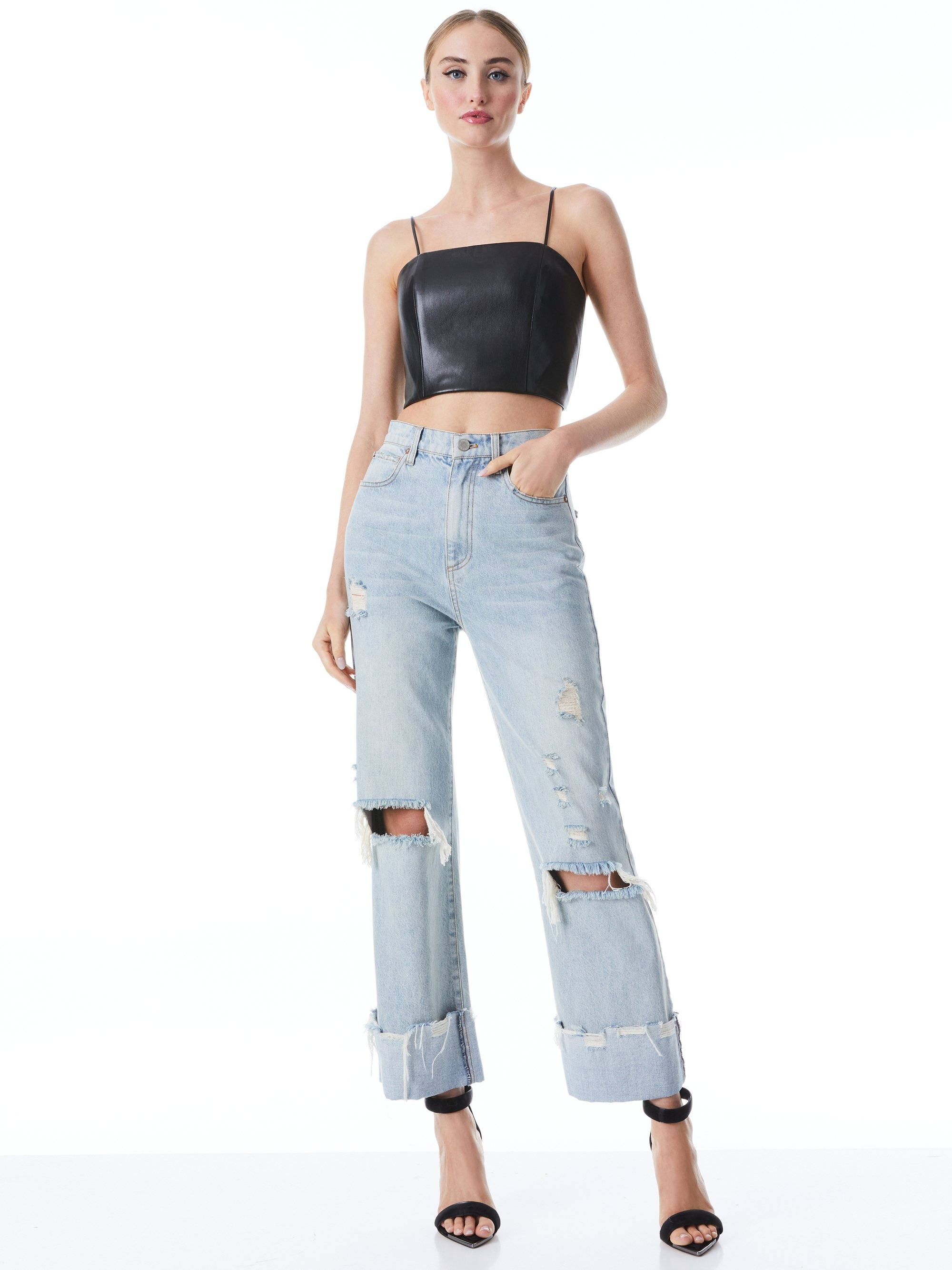 Alice + Olivia PEARLE VEGAN LEATHER SPAGHETTI STRAP BUSTIER