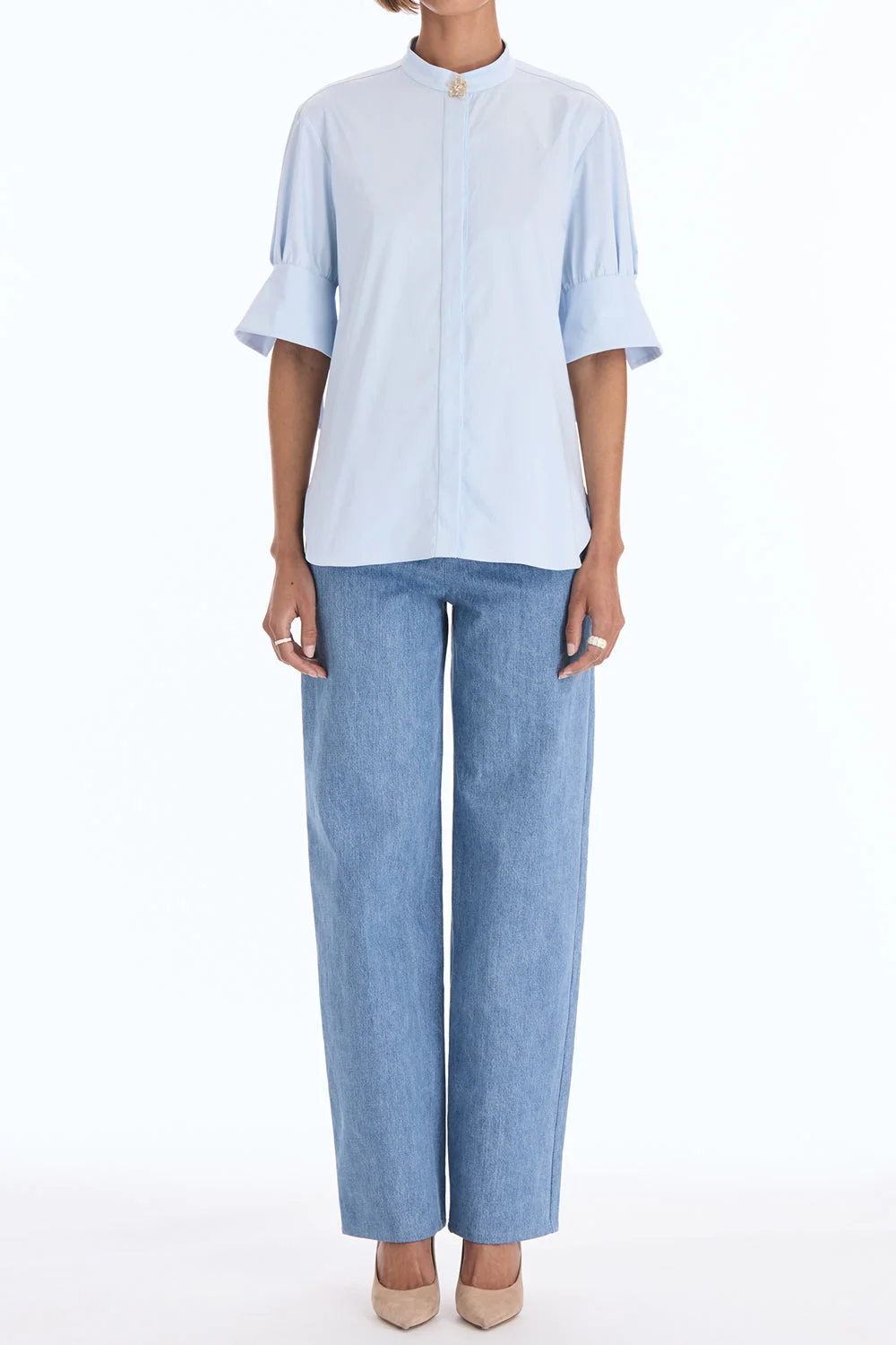 Short Sleeve Poplin Sateen Blouse - 1