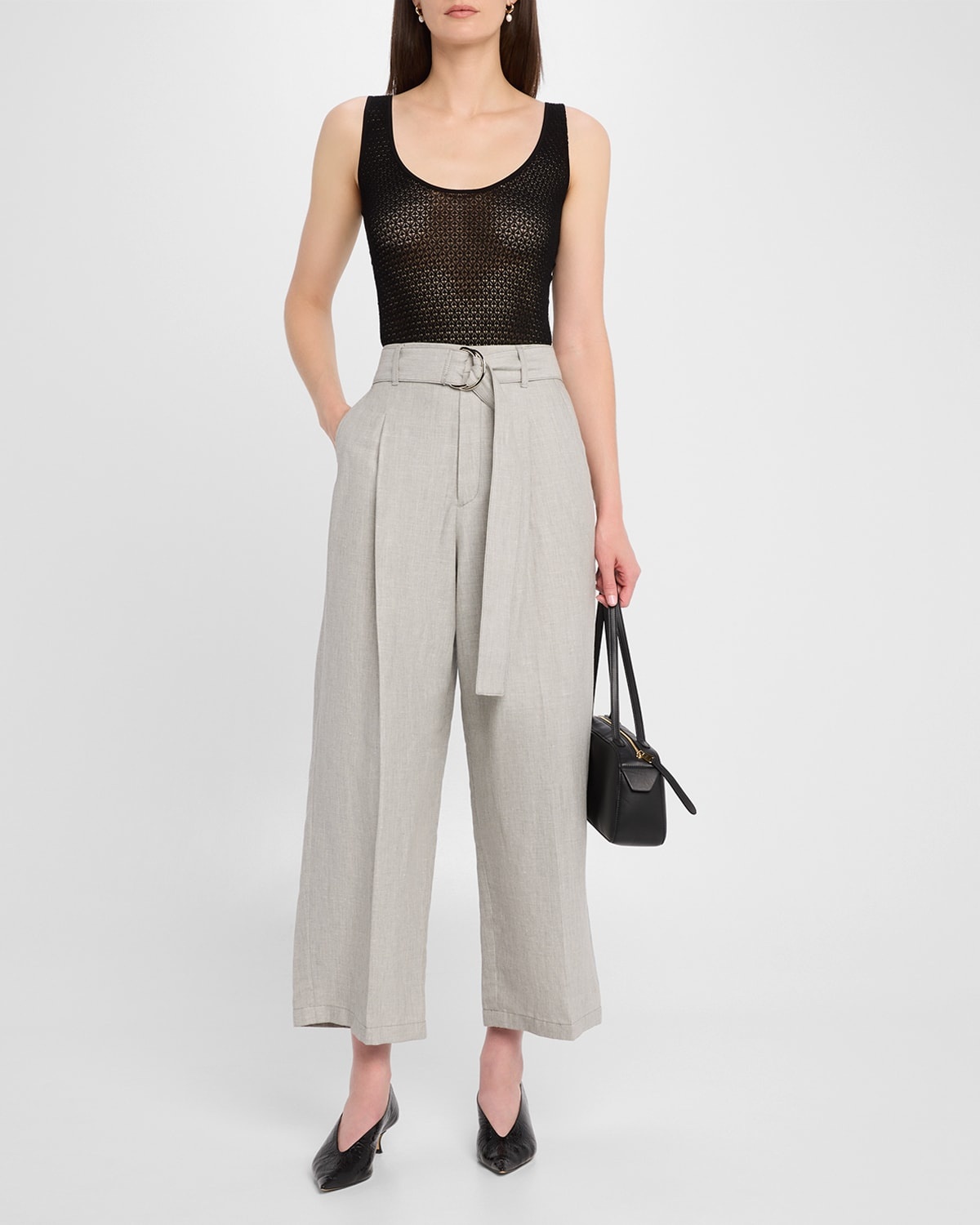Chambray Belted Wide-Leg Cropped Pants - 2
