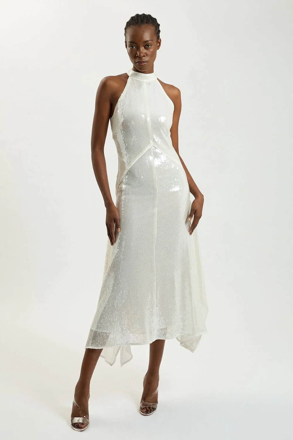 Sequin Halter Neck Hanky Hem Maxi Dress - 1