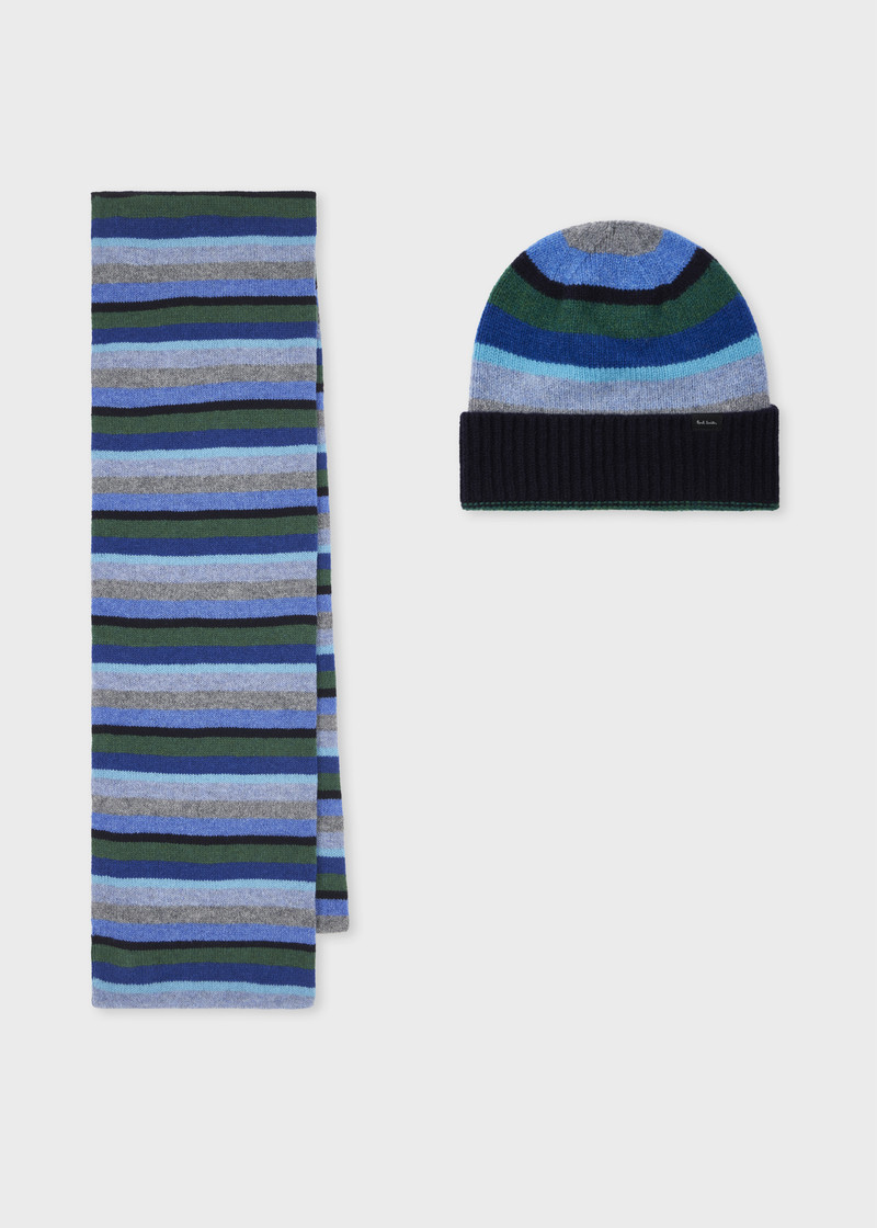 Dark Blue 'Seasonal Stripe' Beanie and Scarf Set 1