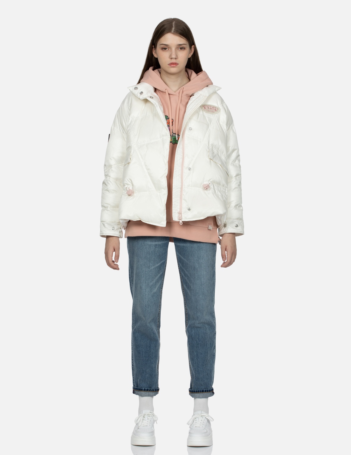 LOGO AND DARUMA HEART EMBROIDERED BADGES FASHION FIT DOWN JACKET - 5