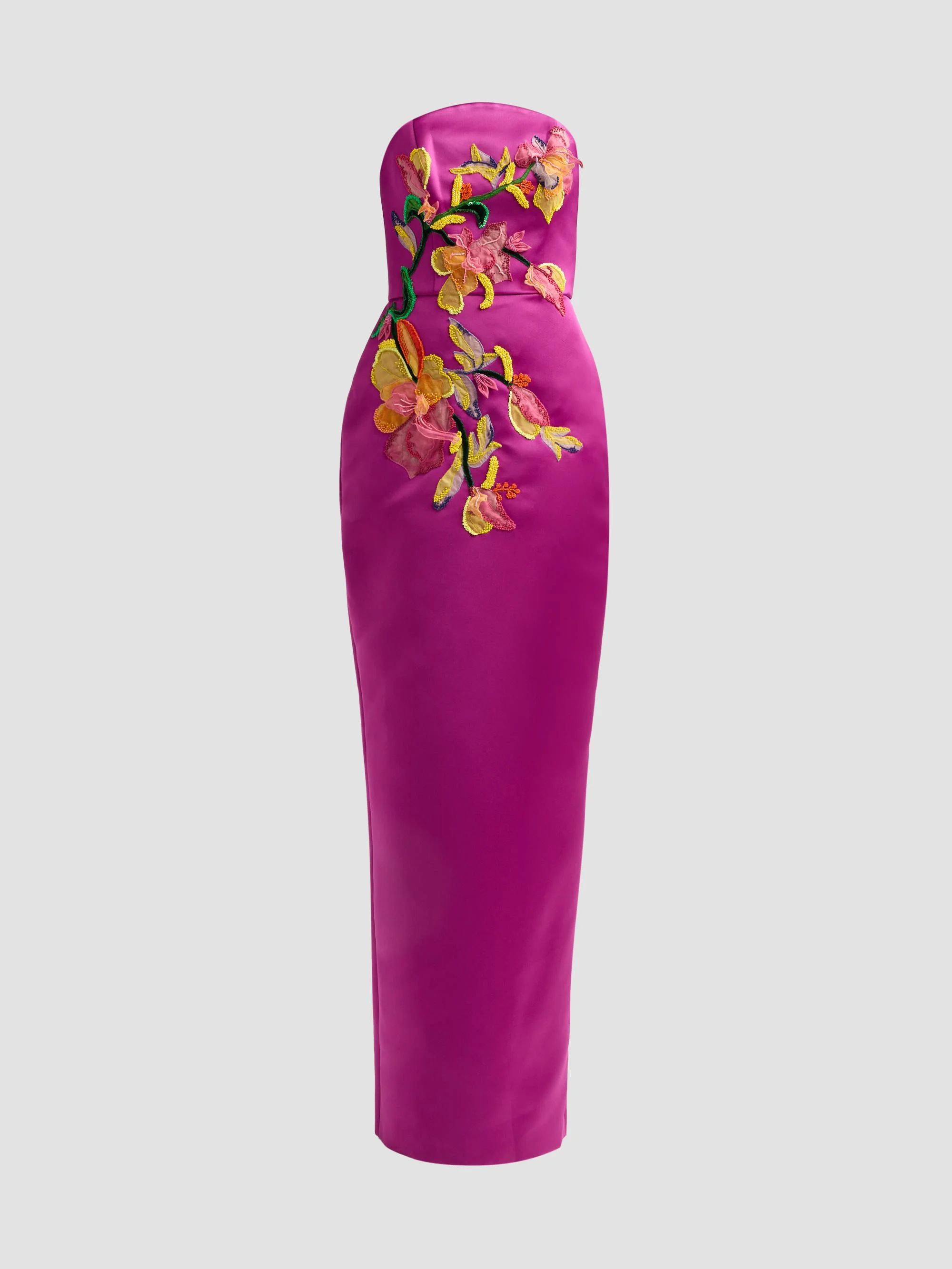 Women's Floral Satin Strapless Column Gown - Magenta - 1