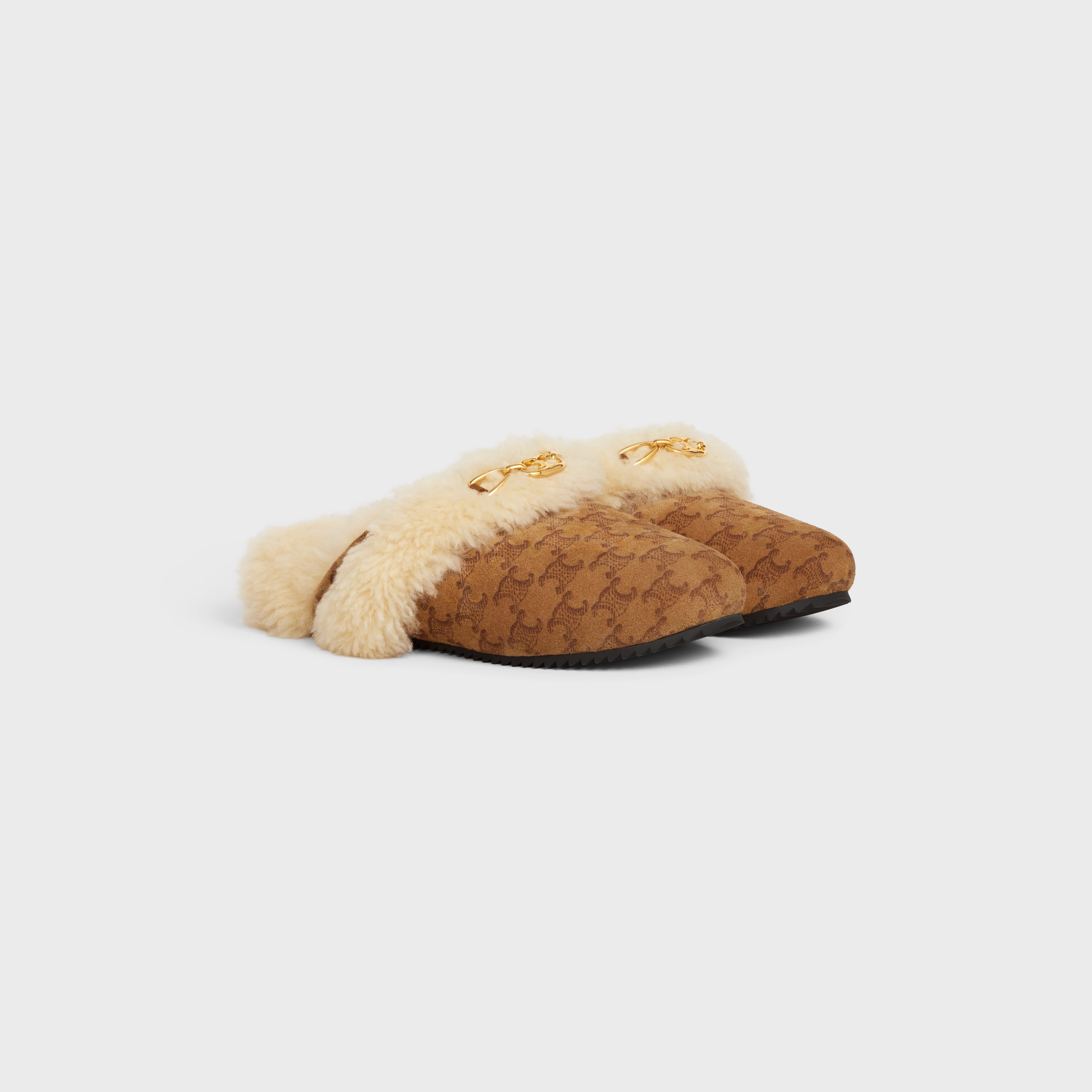 Celine fur slides Triomphe closed slipper in Suede calfskin and Shearling - 2