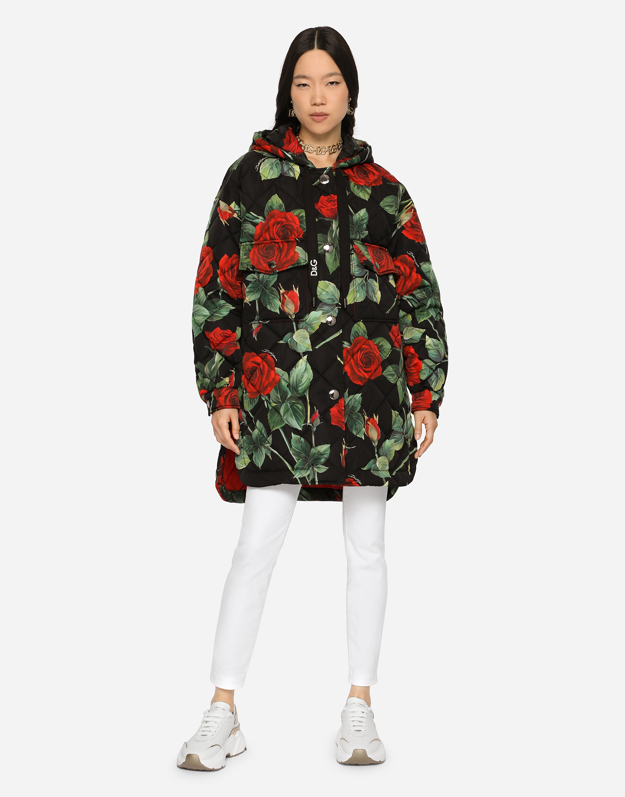 Quilted cordura jacket with rose print and hood - 2