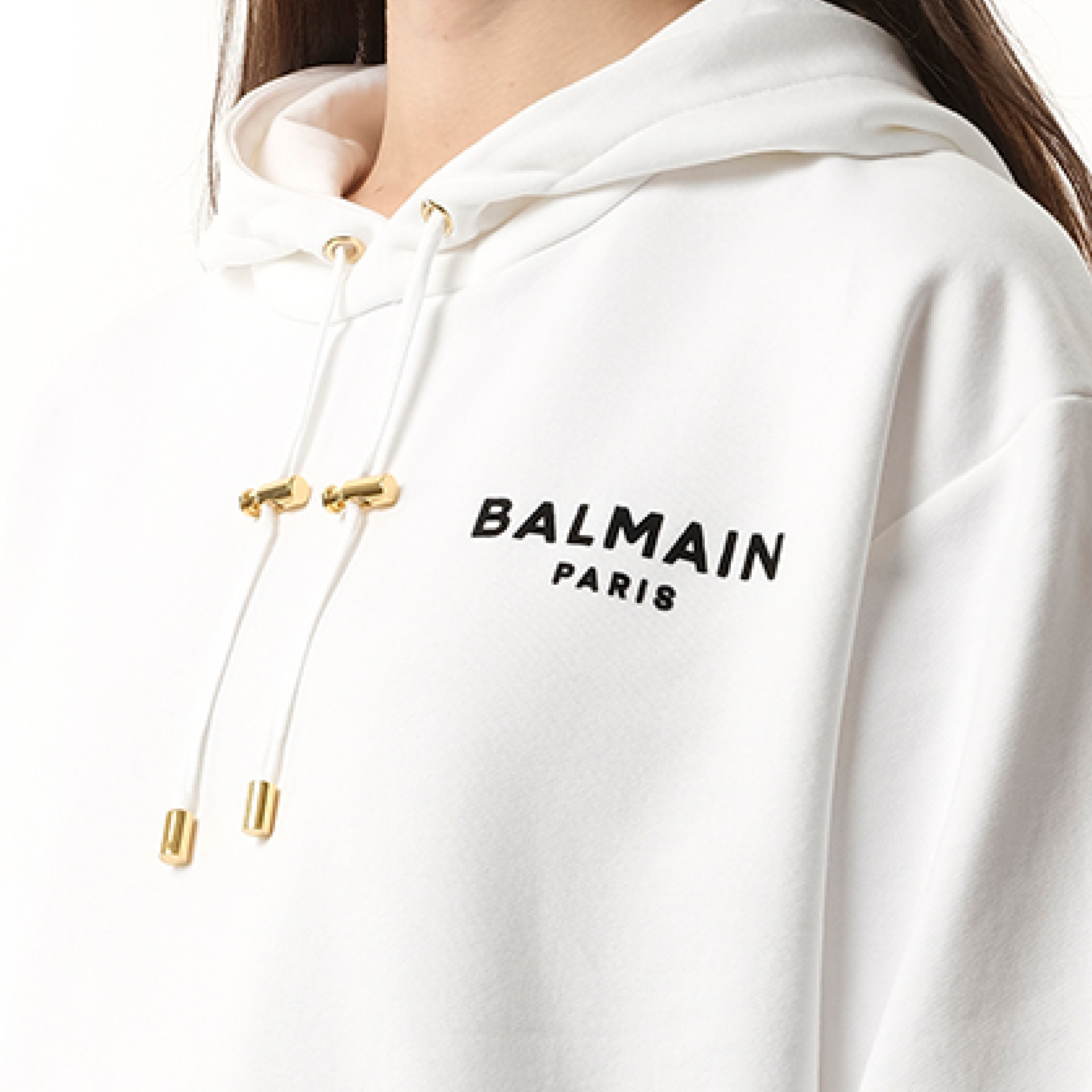 Balmain Flock Detail Cropped Hoodie in White/Black - 3