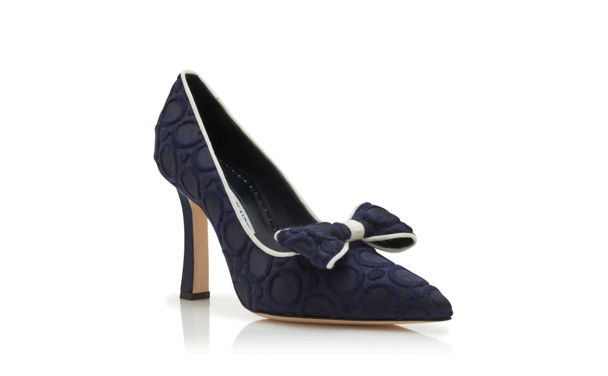 Navy Blue Silk Pointed Toe Pumps - 3