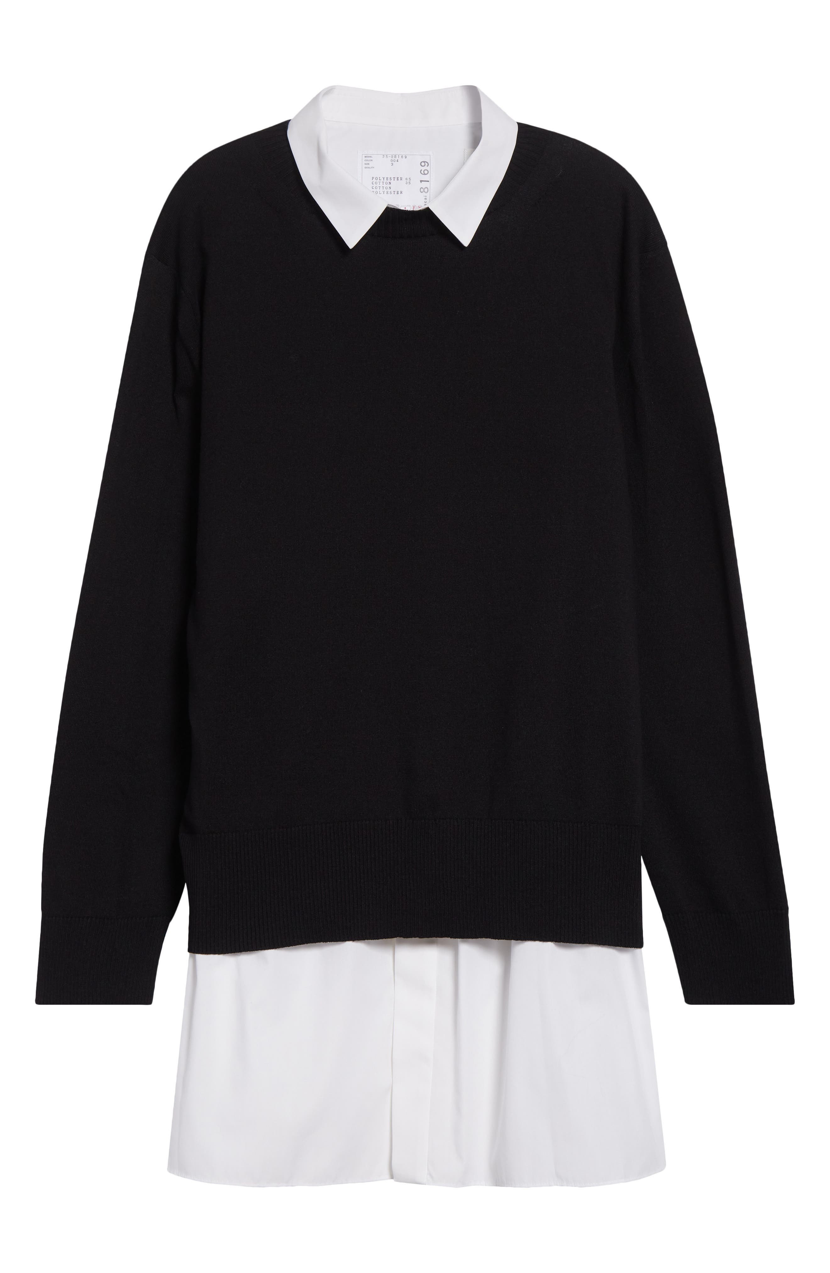 Sacai Mixed Media Layered Long Sleeve Knit & Poplin Dress in Black/Off White at Nordstrom - 1