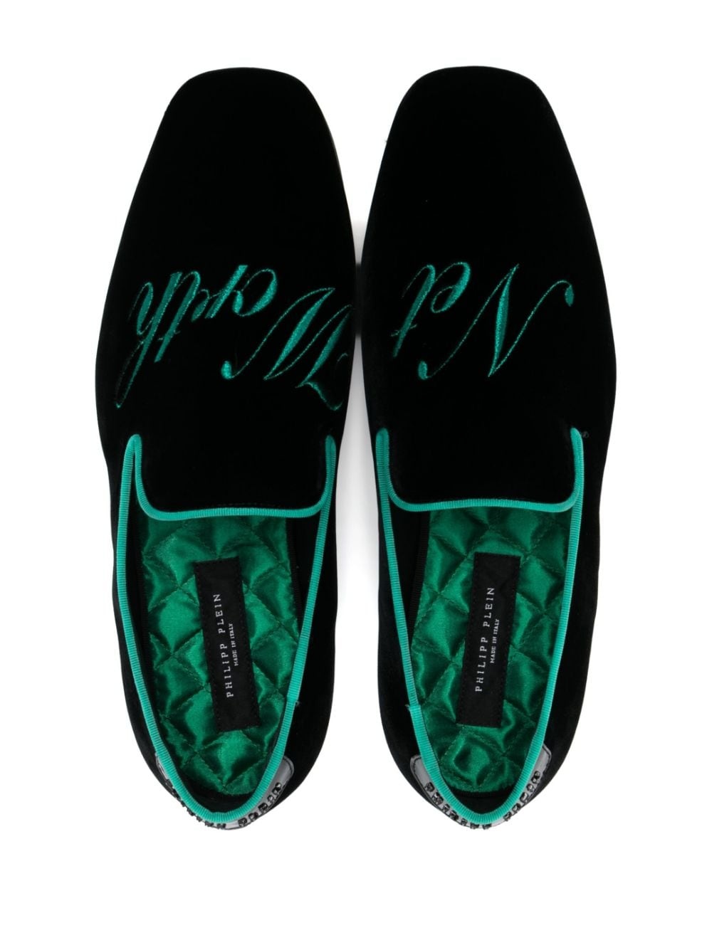 slogan-embroidered velvet loafers - 4