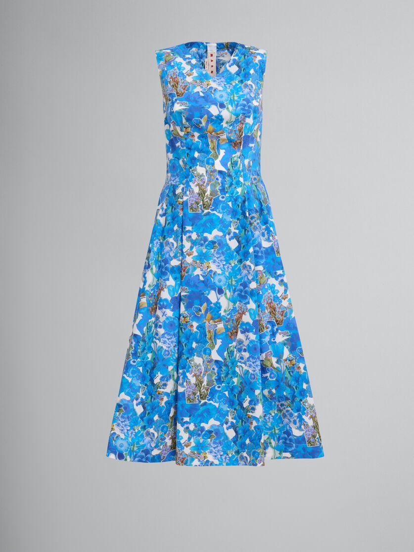 BLUE COTTON A-LINE DRESS WITH COLLAGE PRINT - 1