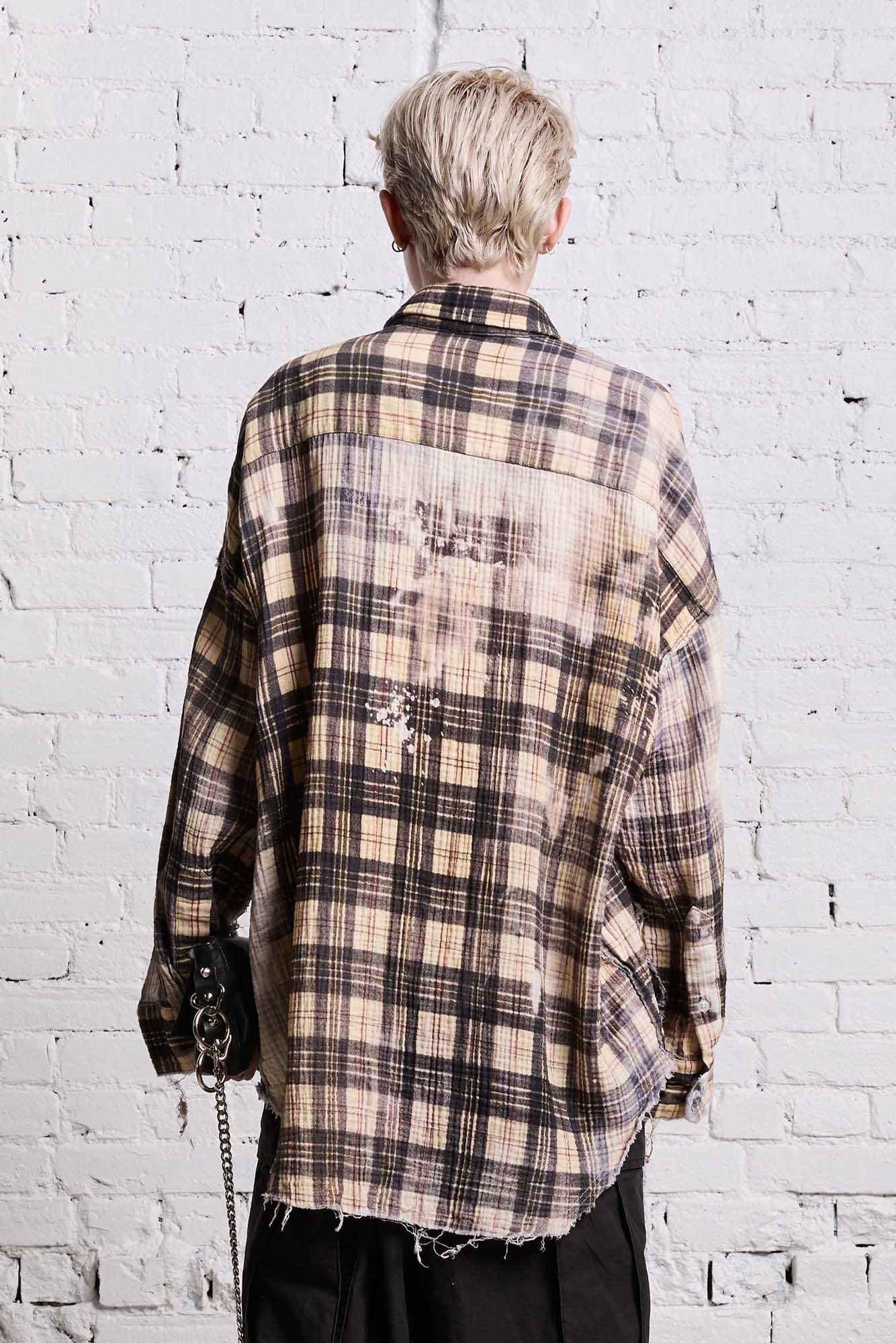 SHREDDED SEAM DROP NECK - BLEACH PRINTED PLAID - 7