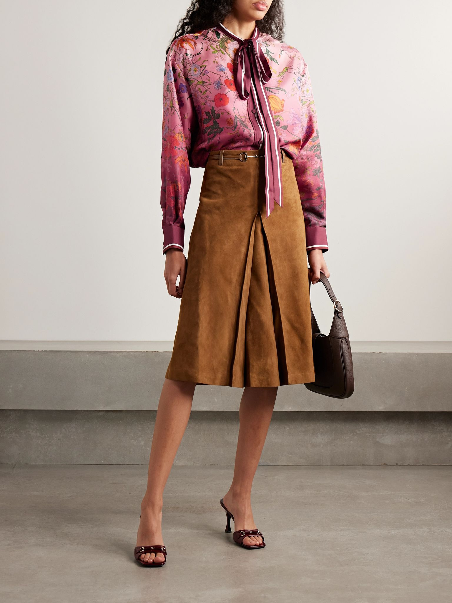 Pussy-bow floral-print silk-twill shirt Red - 2