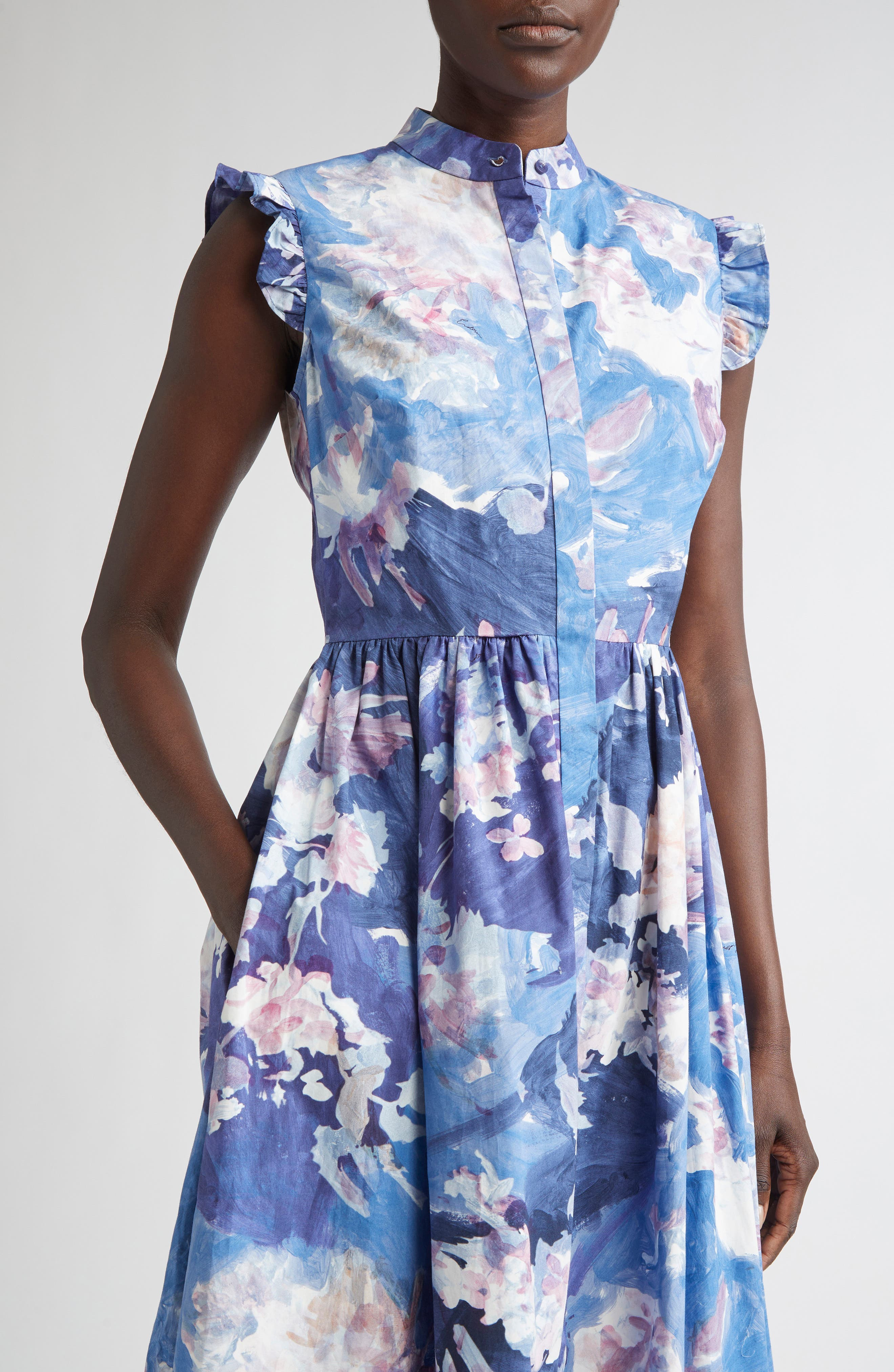 Erdem Floral Print Sleeveless Crinkled Satin Midi Dress in Artist Garden Pale Cobalt at Nordstrom - 4