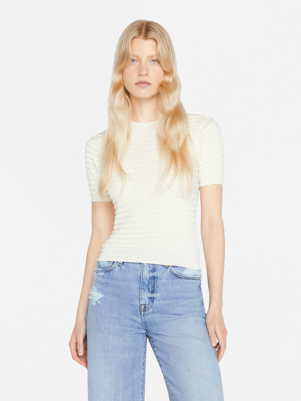 Smocked Short Sleeve Sweater in Blanc - 8