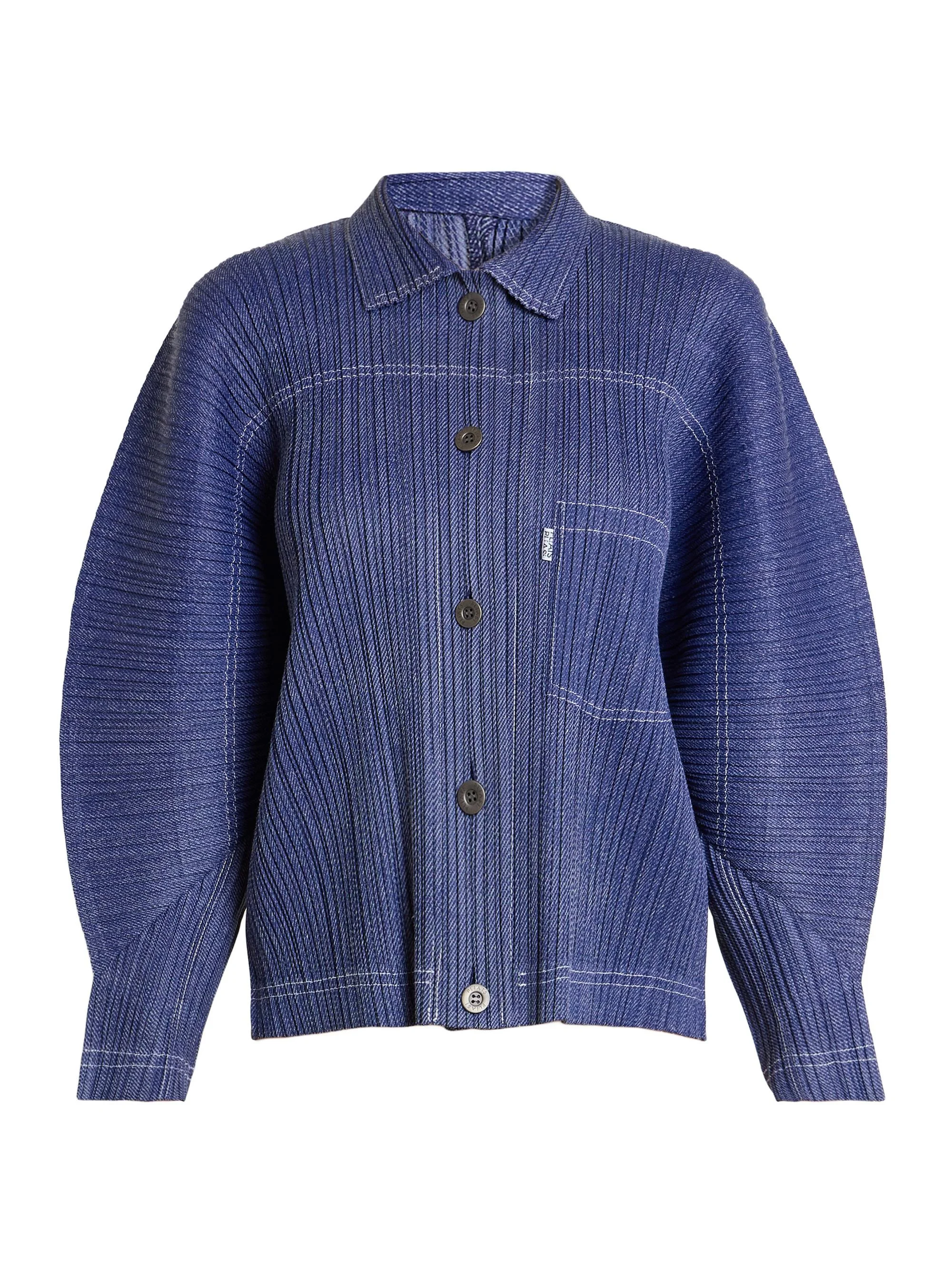Women's Denim-Look Plissé Jacket - Navy - 1