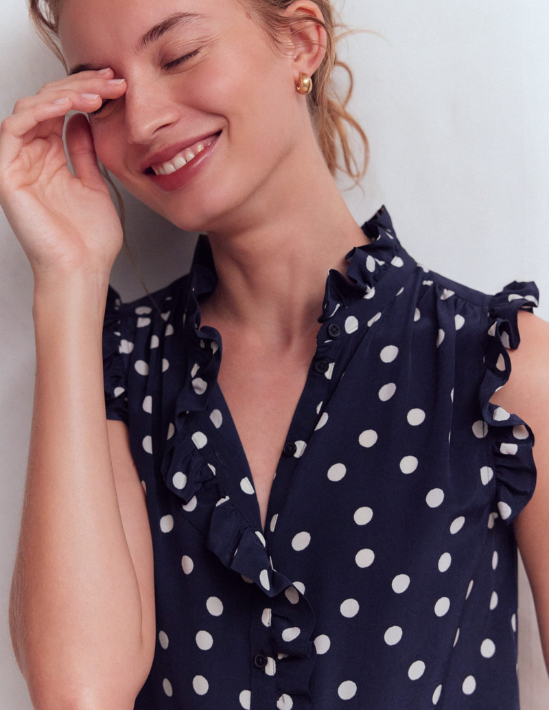 Isabel Sleeveless Silk Top-French Navy, Painted Dot 3