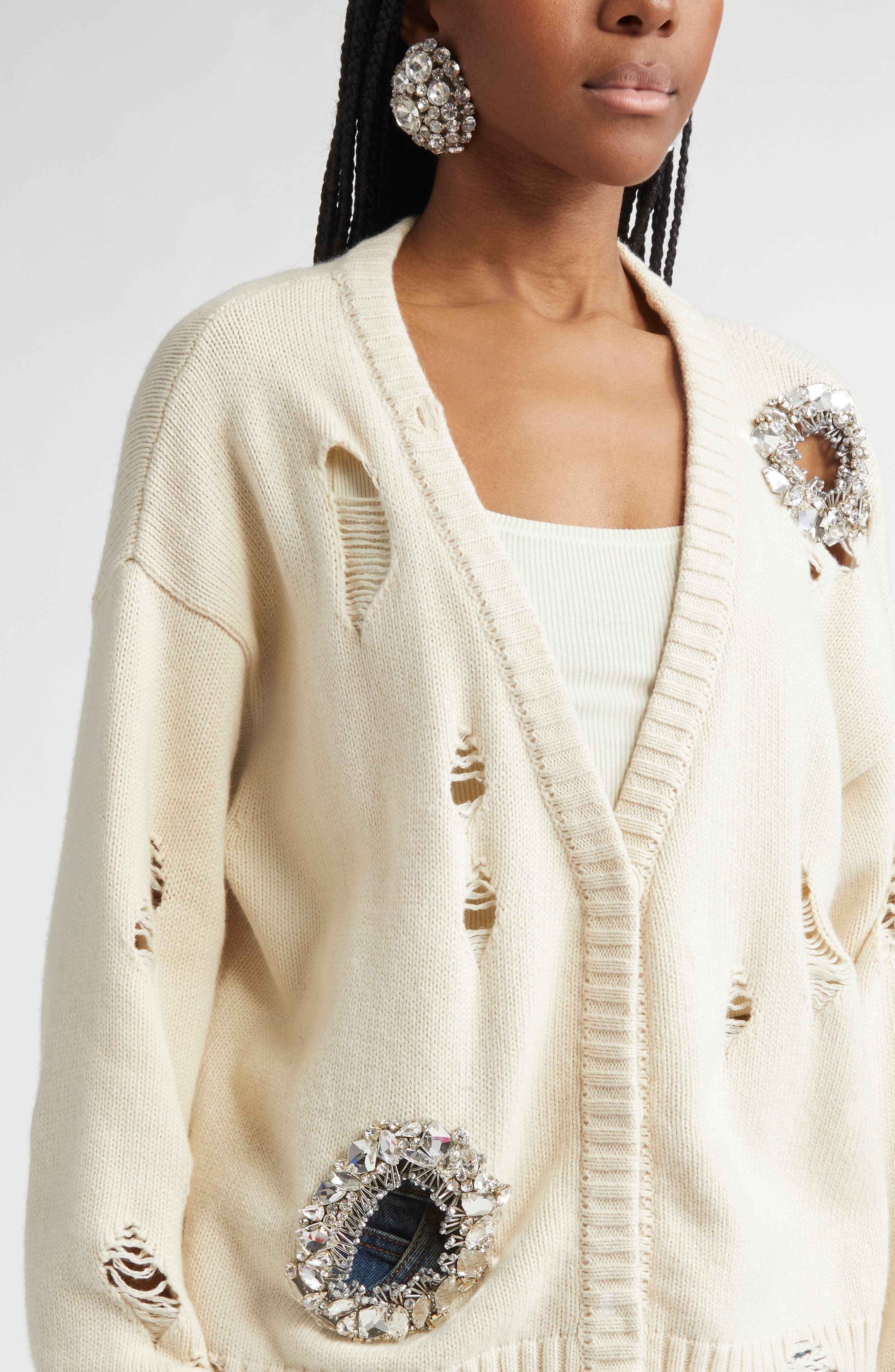 Area Distressed Crystal Cardigan in Cream at Nordstrom - 4