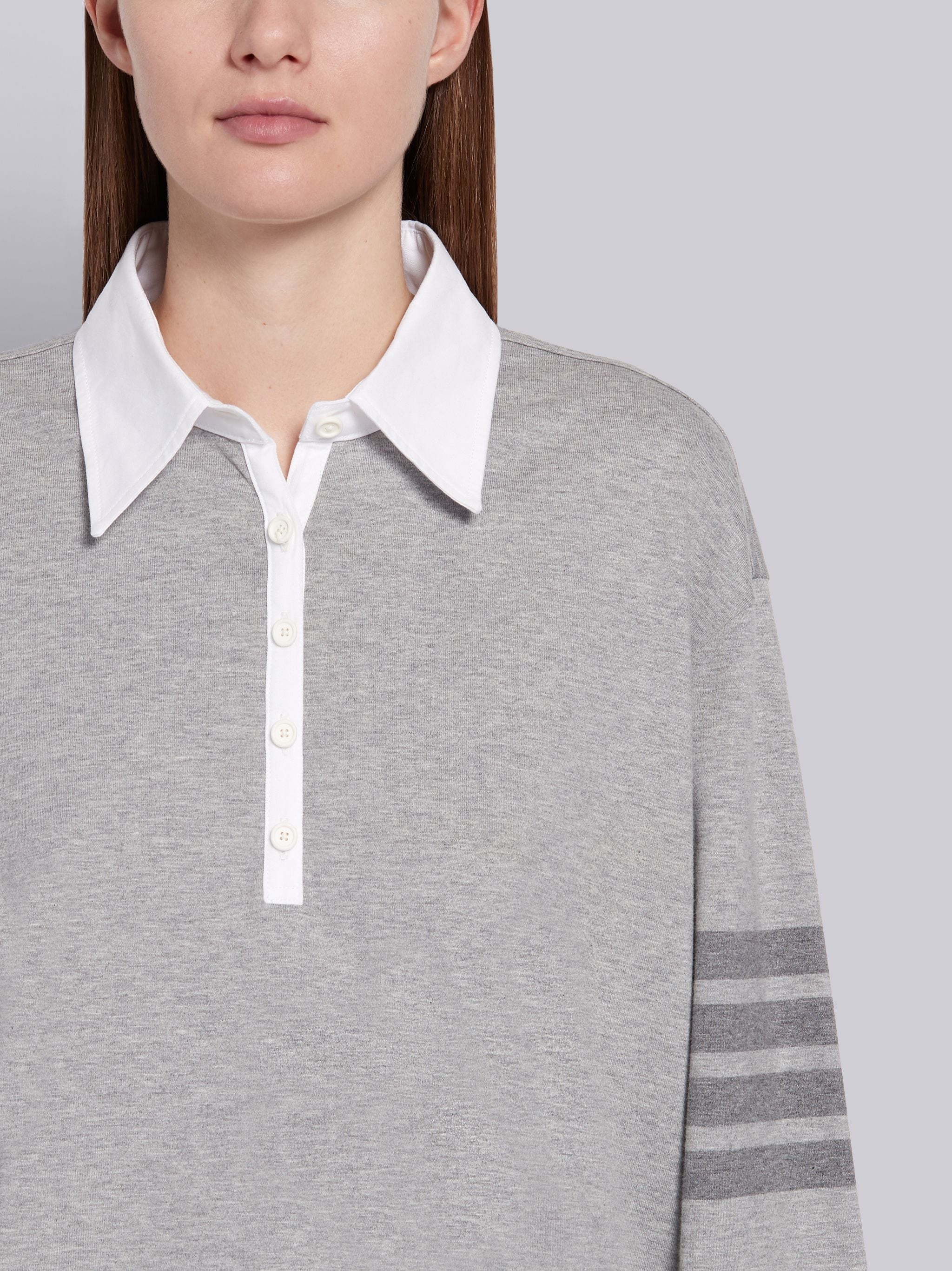 Light Grey Cotton Jersey Long Sleeve Tonal 4-Bar Rugby Polo - 5