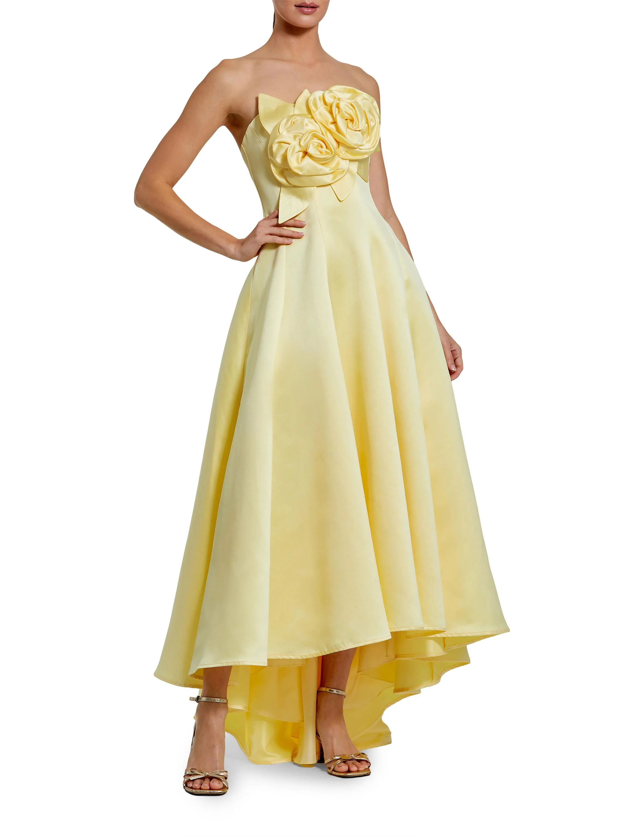 Women's 3D Floral Appliqué Satin A-Line Gown - Buttercup - 1