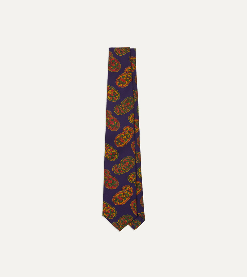 Purple Large Paisley Print Silk Self Tipped Tie 1
